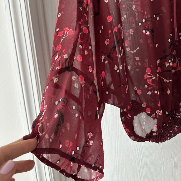 Express Sheer Flowing Dressy Blouse Floral Burgundy Shade - Picture 3 of 6